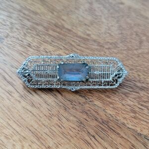 Silver-Tone Brooch with Blue Glass Stone